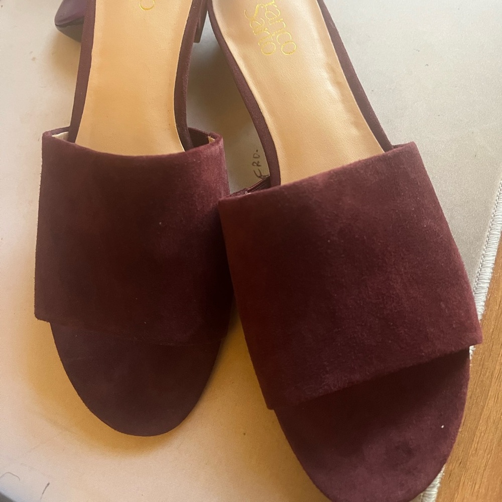 Suede slides.  Burgundy left